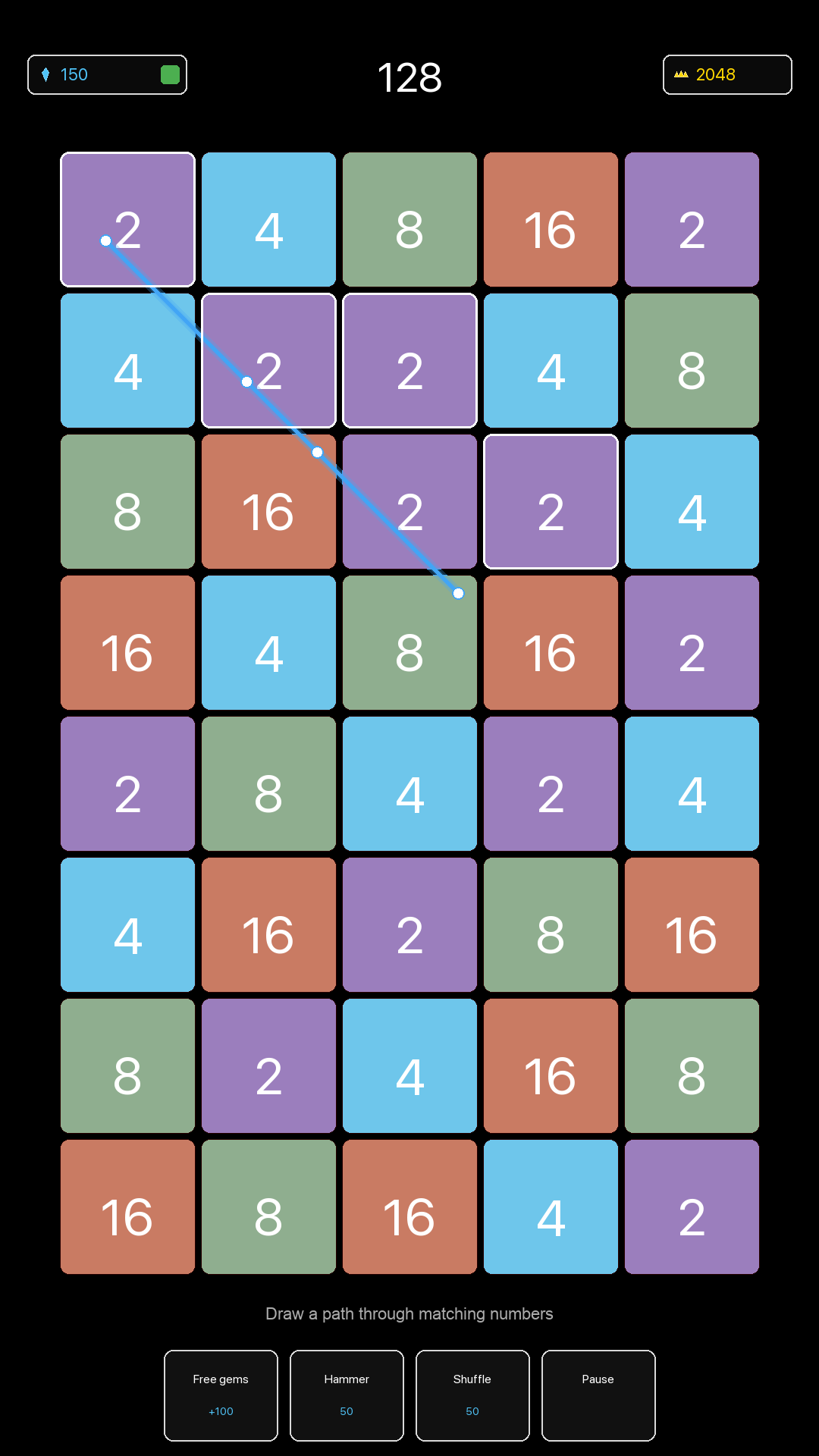 Drawing a diagonal path through matching 2 tiles