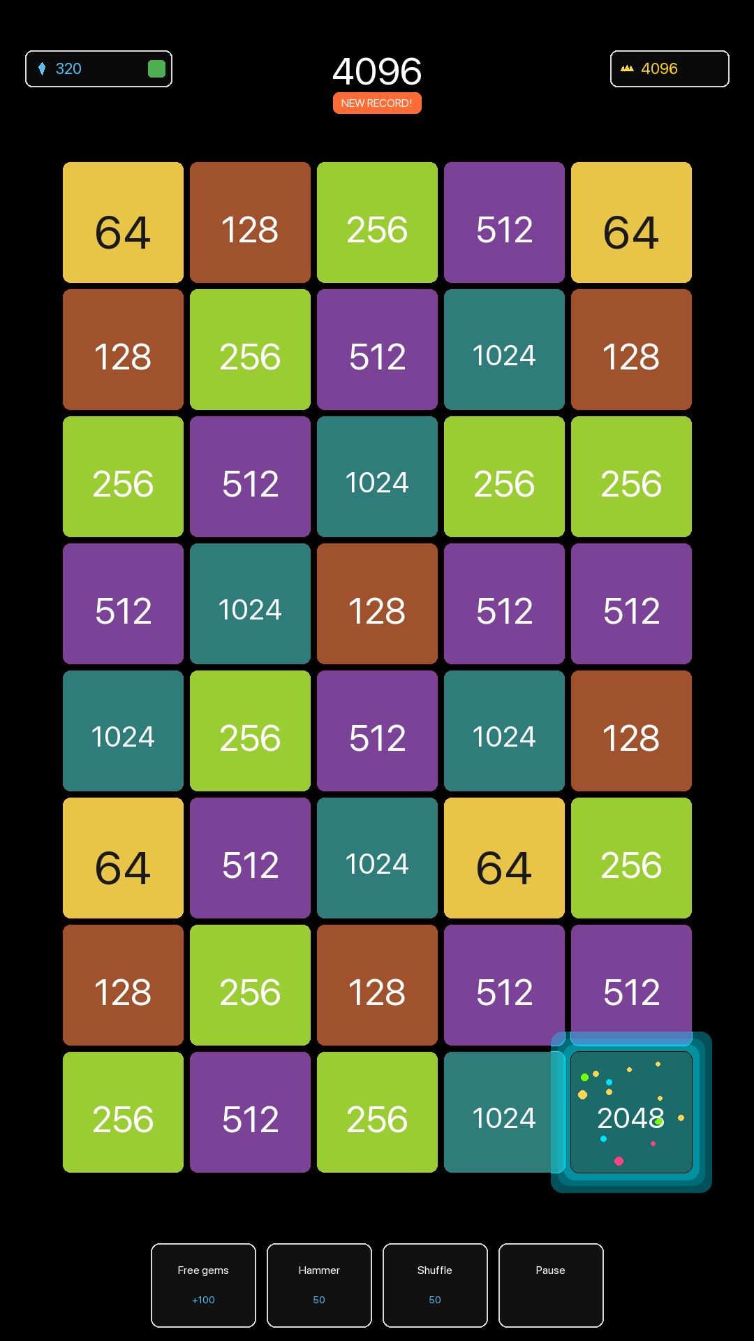 High-value board with a celebrated 2048 tile