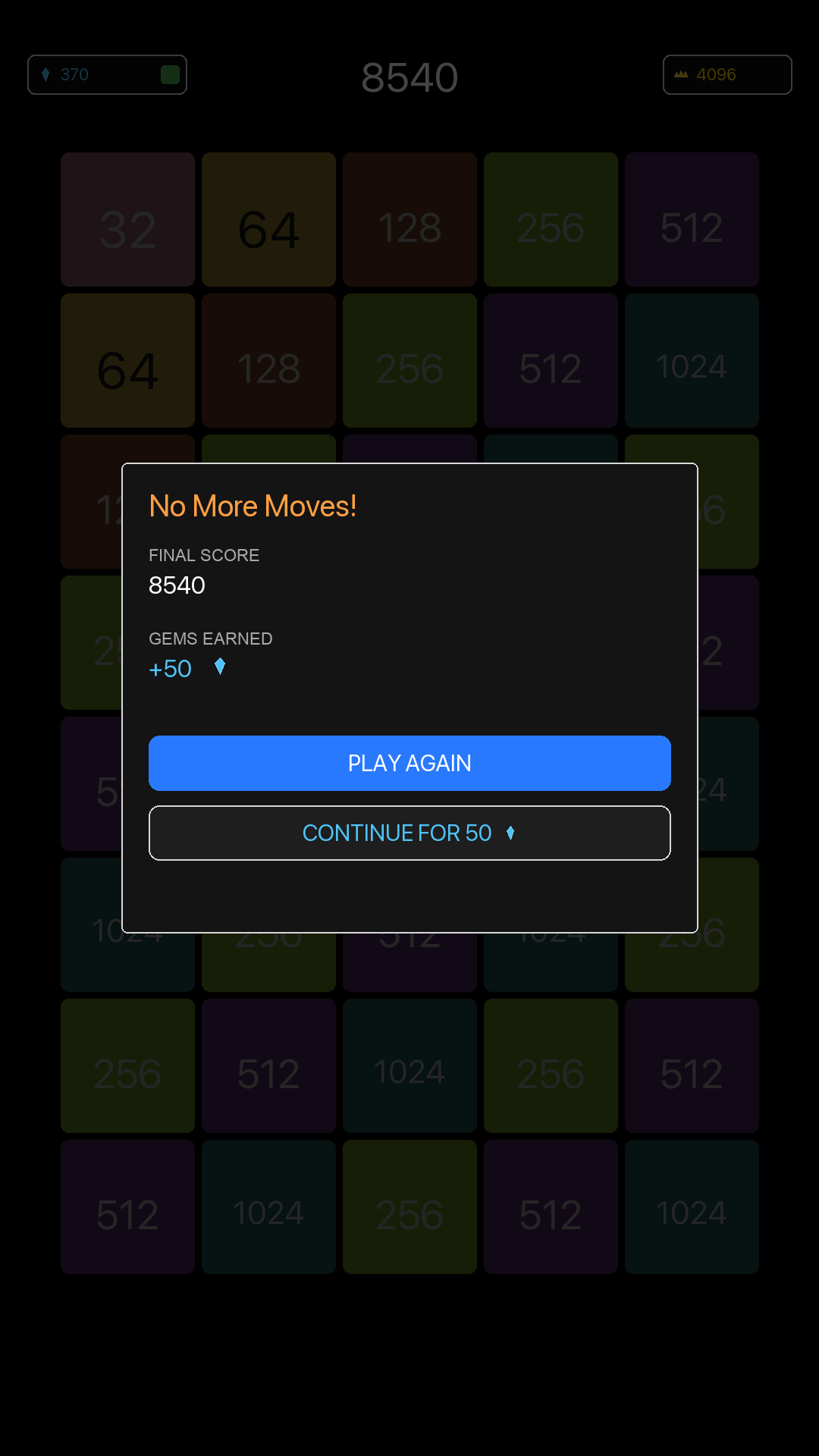 Game over screen with Play again and continue options